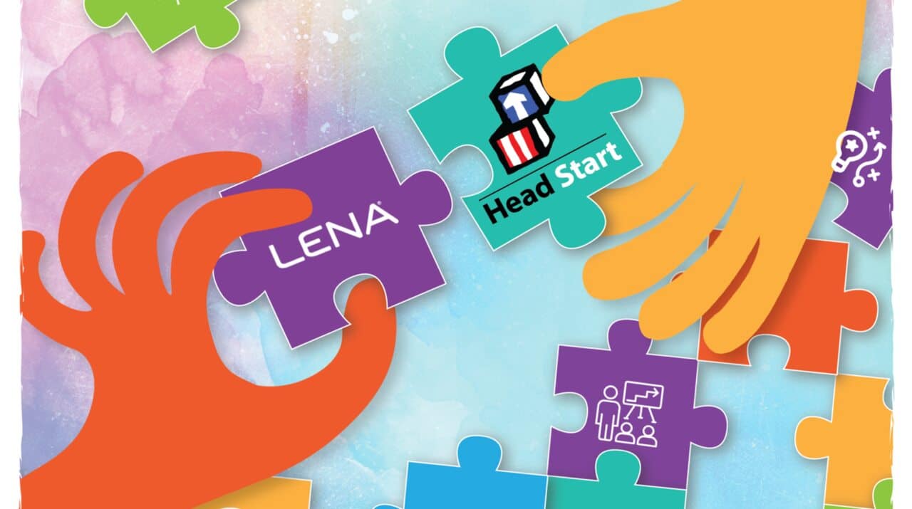 Two illustrated hands hold puzzle pieces, one labeled “LENA” and the other with the “Head Start” logo, over a background of colorful puzzle pieces with education and communication icons.