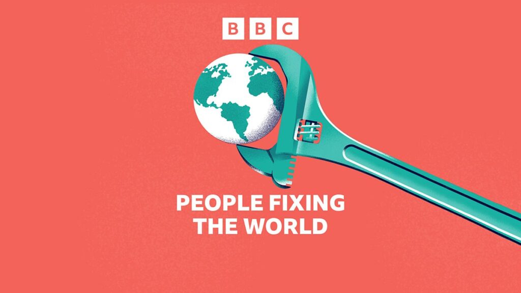 Illustration of a wrench gripping Earth with the BBC logo above and the text "People Fixing the World" below, on a coral background.