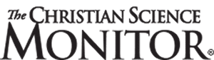 Logo for The Christian Science Monitor, featuring the publication's name in bold black uppercase and italicized letters on a white background.