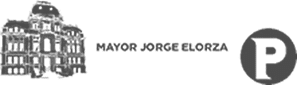 Black and white logo with an illustration of a building, the text "MAYOR JORGE ELORZA," and a bold letter "P" inside a circle to the right.