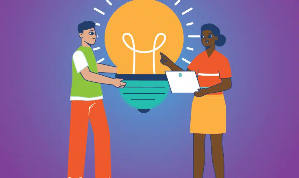 A man and a woman stand in front of a large glowing light bulb. The man holds the bulb while the woman, holding a laptop, points at it. The background is purple with light rays radiating from the bulb.