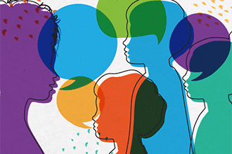 Colorful overlapping silhouettes of people in profile, with variously colored speech bubbles layered over them, suggesting conversation or communication among a diverse group.