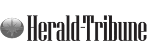 Logo of the Herald-Tribune featuring a circular emblem with a starburst design on the left and the words "Herald-Tribune" in bold, black font on the right.