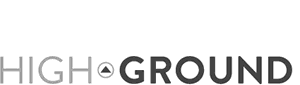 The image shows the words "HIGH GROUND" in uppercase letters, with the "O" in "HIGH" replaced by a small circle containing a black triangle pointing upward.