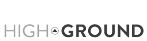 Logo with the word "HIGH" in black text, a small upward-pointing triangle inside a circle between "HIGH" and "GROUND," and the word "GROUND" in black text on a white and green background.
