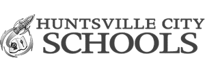 Black and white logo for Huntsville City Schools with a rocket icon and stylized text reading "Huntsville City Schools.
