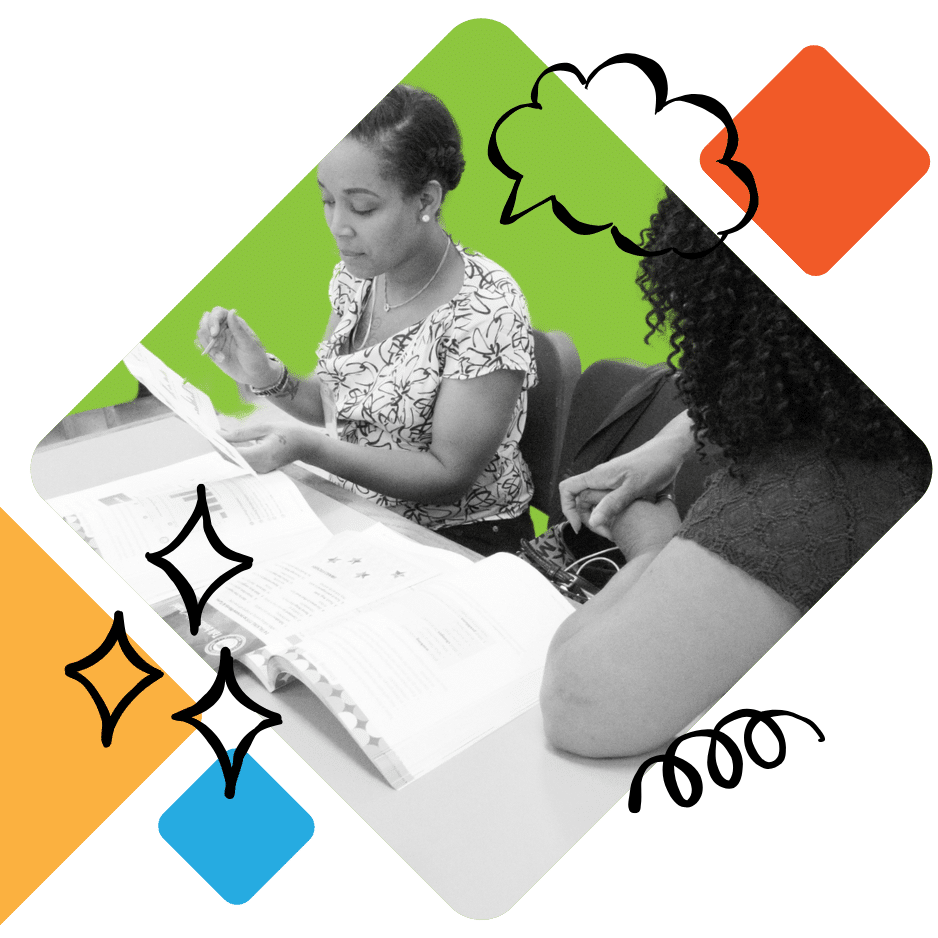 Two women sit at a table reading documents together, with colorful geometric shapes and doodles like speech bubbles and sparkles overlaying the image.