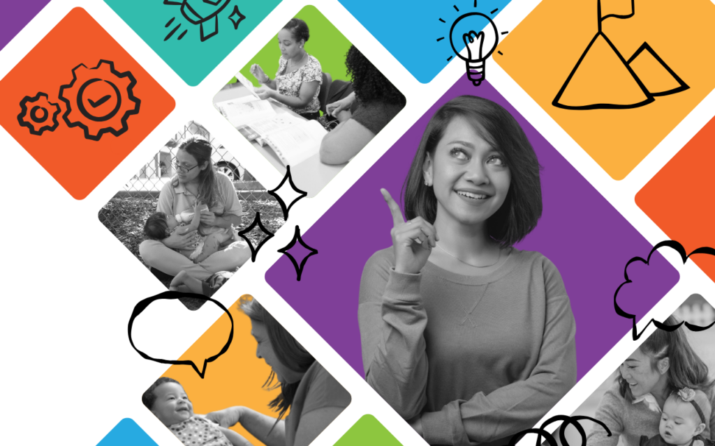 A smiling woman points upward, surrounded by colorful diamond shapes with gears, a rocket, a baby, and parents interacting with children—symbolizing creativity, learning, care, and the importance of investing in early childhood educators.