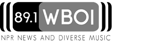Logo for 89.1 WBOI featuring bold text inside a rounded rectangle, with the tagline "NPR News and Diverse Music" written below in capital letters.
