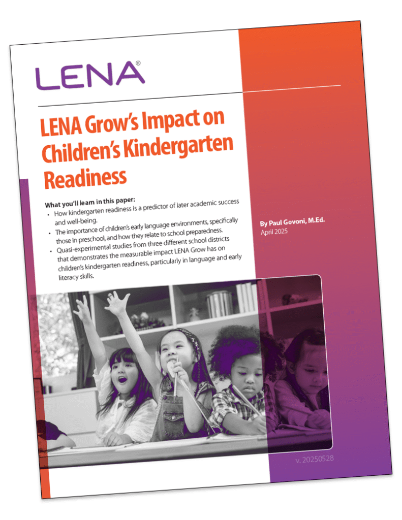 Report cover titled "LENA Grow’s Impact on Children’s Kindergarten Readiness," with children sitting at desks raising hands and smiling. By Paul Gavoni, M.Ed., April 2025.