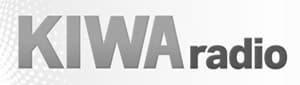 KIWA radio logo in bold gray letters on a white background with a dotted pattern on the left side.