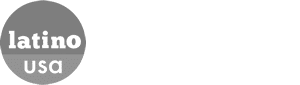 A circular graphic divided horizontally into two shades of gray. The top half says "latino" in bold white letters; the bottom half says "usa" in lowercase, white, rounded letters. The right side is blank and white.