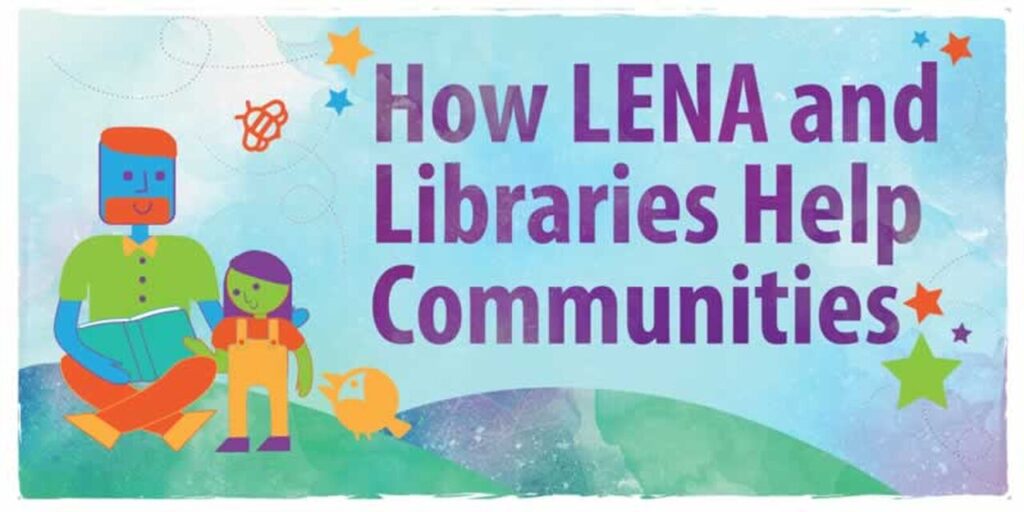Illustration of an adult reading to a child with colorful stars and a bird. Text reads: "How LENA and Libraries Help Communities" on a blue and green background.