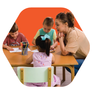 A woman sits with two toddlers, one in white and green and the other in pink, playing with colorful cups against an orange, rounded background shape.