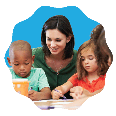 A woman sits with two young children, helping them with coloring or drawing activities at a table. All are focused on their work, and the background is a solid blue shape.