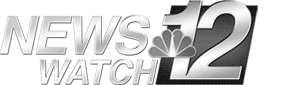Logo for "News Watch 12" featuring bold, metallic text with the NBC peacock symbol between the words "NEWS" and "12.