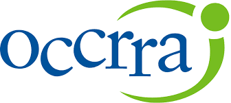 Logo with the word "occra" in blue lowercase letters, surrounded by a swooping green circular arrow design, with a green dot above the final curve.