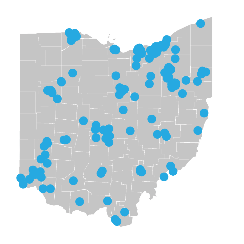 A map of Ohio with blue dots scattered across various counties, indicating specific data points or locations throughout the state.
