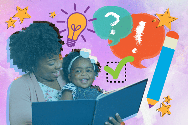 A smiling woman reads a book to a happy young girl. The background is colorful with doodles of a light bulb, stars, speech bubbles, a pencil, and a green check mark, suggesting learning and creativity.