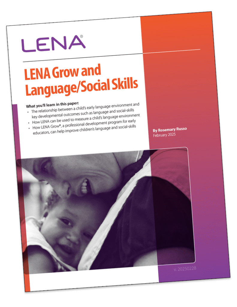 Cover of a report titled "LENA Grow and Language/Social Skills" featuring a smiling adult holding a baby. The report is authored by Rosemary Russo and dated February 2025, with a purple and orange color theme.