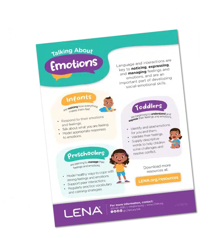A colorful infographic titled "Talking About Emotions" with tips for helping infants, toddlers, and preschoolers understand and manage feelings. Includes website resource and LENA organization info at the bottom.