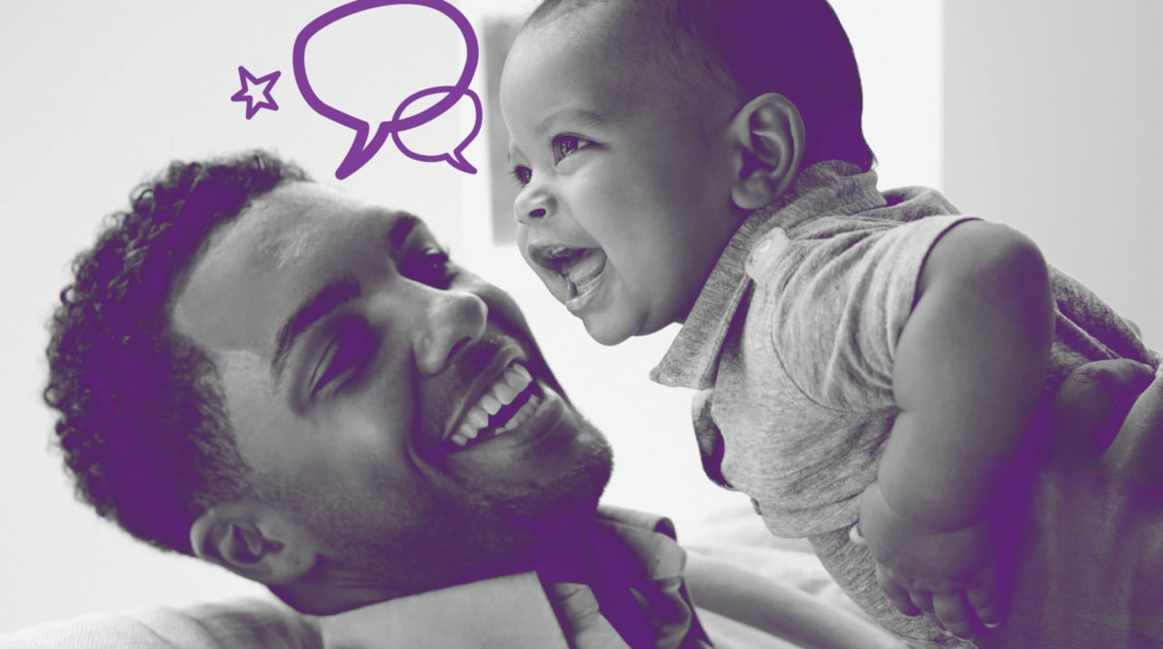 A smiling adult holds a laughing baby close, both appearing joyful. Purple speech bubbles and a star graphic are overlaid above them, suggesting conversation or communication.