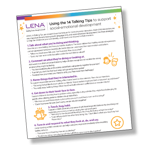 A colorful handout titled "Using the 14 Talking Tips to support social-emotional development" lists and describes tips for engaging with children, such as talking about what they’re doing and using friendly faces. Icons and playful fonts decorate the page.