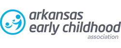 Logo for the Arkansas Early Childhood Association, featuring two smiling stick figures in a circle next to the organization's name in lowercase gray text.