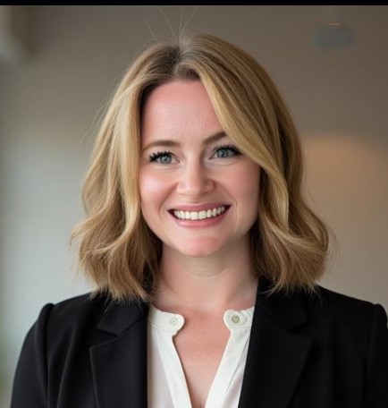 A woman with shoulder-length blonde hair, wearing a black blazer over a white blouse, smiling at the camera in a softly lit indoor setting.