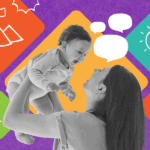 A woman joyfully lifts a smiling baby in the air. The background features colorful geometric shapes and playful icons, including a lightbulb, speech bubbles, and stars, on a purple textured surface.