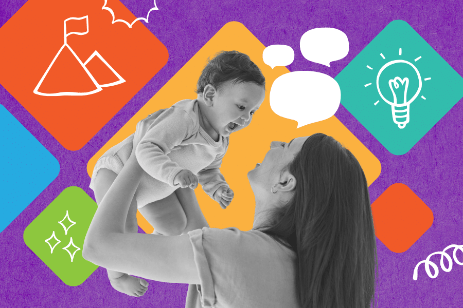 A woman joyfully lifts a smiling baby in the air. The background features colorful geometric shapes and playful icons, including a lightbulb, speech bubbles, and stars, on a purple textured surface.