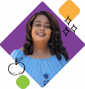 A woman with long, curly hair wearing a light blue top and a blue flower necklace, smiling in front of a purple diamond-shaped background with yellow and green geometric accents.