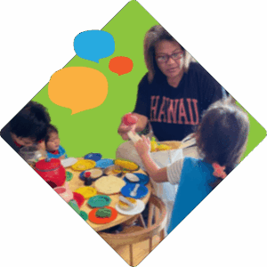 Three children and an adult sit around a table with toy food and plates, pretending to share a meal. The adult wears glasses and a black “HAWAII” shirt. Colorful speech bubbles are added above them.