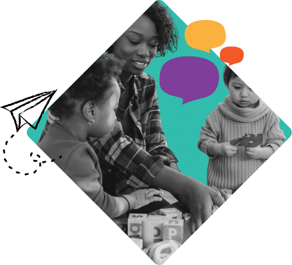 A woman and two children engage in a hands-on activity with blocks and toys. Colorful speech bubbles are illustrated above, suggesting conversation or communication. The image is displayed inside a diamond shape.