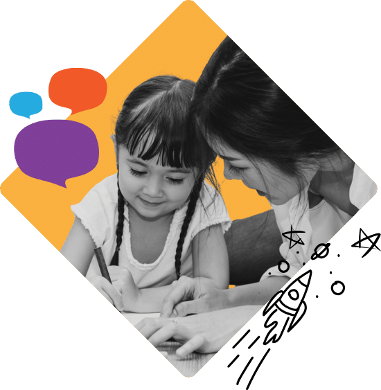 A woman helps a young girl with braids who is writing, both smiling. The image has a diamond shape with a yellow background and colorful speech bubbles in the corner.
