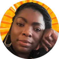 Rochelle Lewis with braided hair rests her head on her hand, looking at the camera. She has hoop earrings and is in front of an illustrated orange and yellow sunburst background.