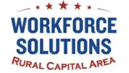 Logo with three red stars above the words "WORKFORCE SOLUTIONS" in bold blue letters. Below, "RURAL CAPITAL AREA" is written in red curved text.