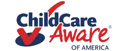 Logo for Child Care Aware of America, featuring the text in blue and red with a large red checkmark integrated into the design.