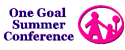 Logo for the "One Goal Summer Conference" with purple text and a pink icon showing a large figure holding hands with a smaller figure inside a circle.