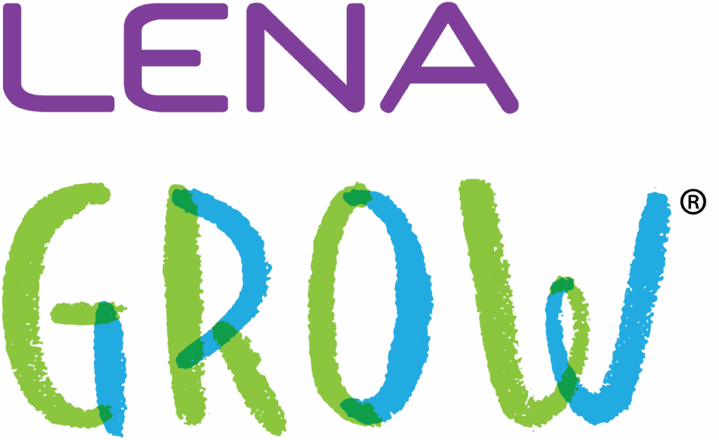 The image shows the word "LENA" in bold purple letters above the word "GROW" in a playful, hand-drawn style with green and blue letters. A registered trademark symbol appears next to "GROW.