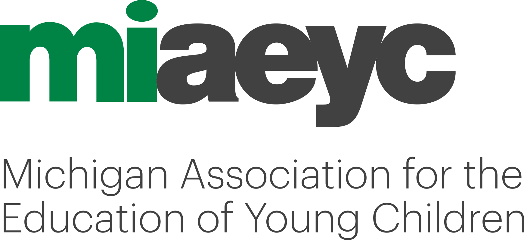 Logo for MIAEYC with "miaeyc" in bold letters and "Michigan Association for the Education of Young Children" written below in smaller text.