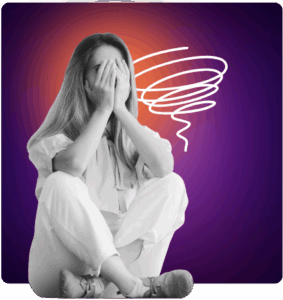 A woman sits on the floor with her hands covering her face, looking distressed—perhaps overwhelmed by early childhood professional development. A white scribble above her head symbolizes confusion or anxiety. The background fades from purple to orange.