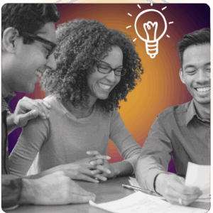 Three people smiling and collaborating over papers at a table, with a glowing lightbulb illustration in the background, symbolizing creative teamwork and early childhood professional development.