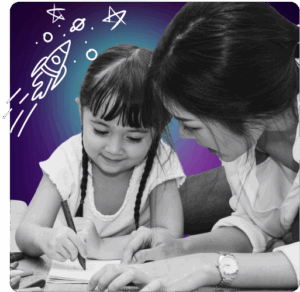A woman and a young girl with braided hair draw together, smiling. A doodle of a rocket and stars in the colorful background sets a playful scene that celebrates imagination and early childhood professional development.