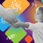 A black-and-white child holds an adult's hand against a colorful, geometric background with icons of a rocket, flag, stars, and streamers, symbolizing early childhood professional development and growth.