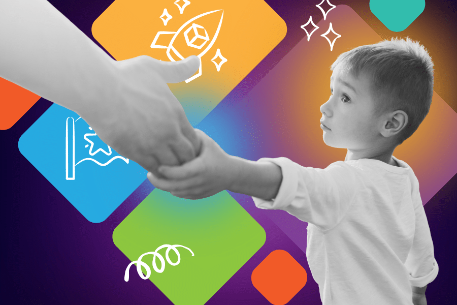 A black-and-white child holds an adult's hand against a colorful, geometric background with icons of a rocket, flag, stars, and streamers, symbolizing early childhood professional development and growth.