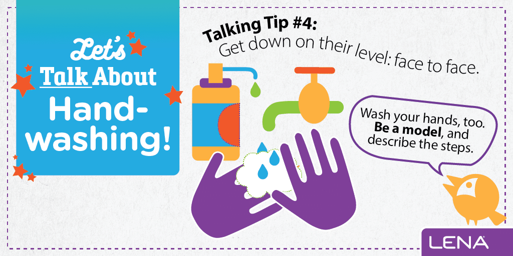 A colorful graphic about hand-washing. It shows purple hands with soap, a faucet, and soap dispenser. A speech bubble gives tips for explaining hand-washing to kids. "Let's Talk About Hand-washing!" is written on the left.
