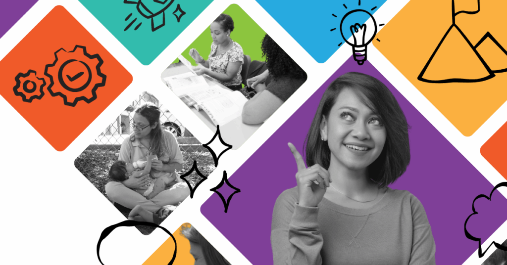 A smiling woman points upward, surrounded by colorful geometric shapes with black-and-white photos of people reading and talking—symbolizing ideas on teacher retention. Various icons, such as gears and a lightbulb, are overlaid on the shapes.