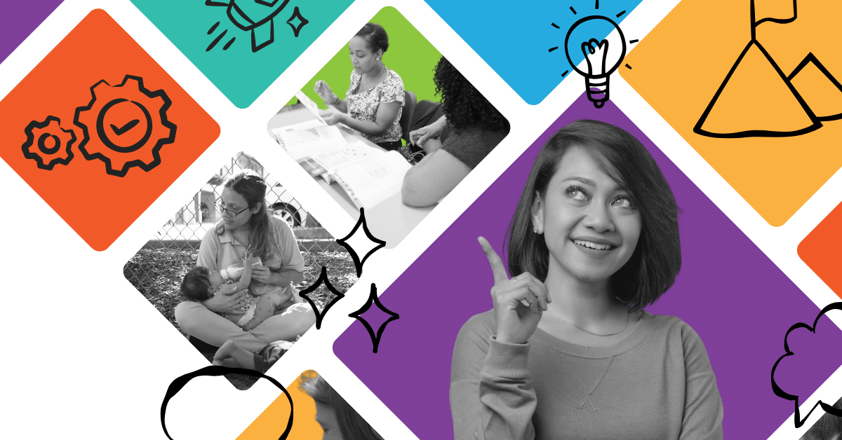 A smiling woman points upward, surrounded by colorful geometric shapes with black-and-white photos of people reading and talking—symbolizing ideas on teacher retention. Various icons, such as gears and a lightbulb, are overlaid on the shapes.