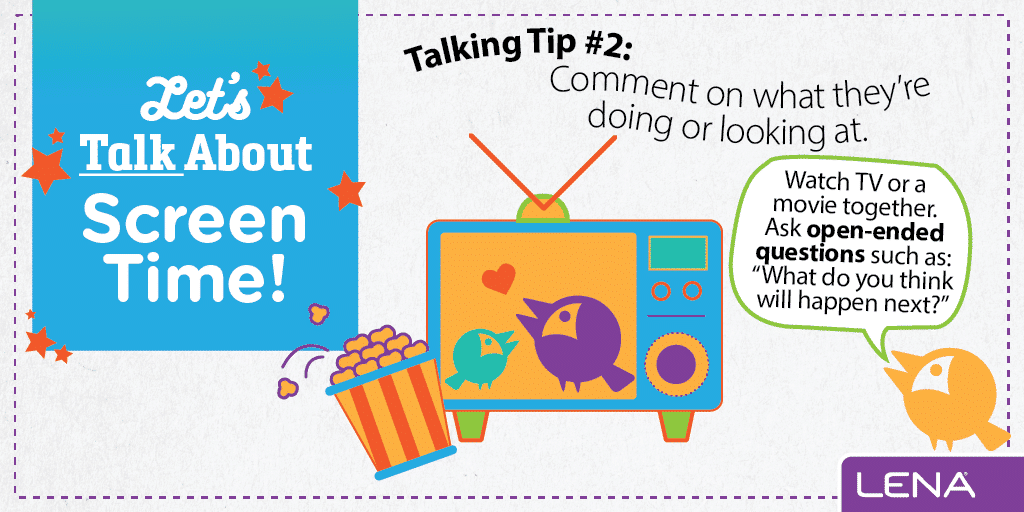 Colorful graphic about screen time featuring a TV, popcorn, and cartoon birds. Text encourages talking about what’s on screen with children by asking open-ended questions like “What do you think will happen next?”.